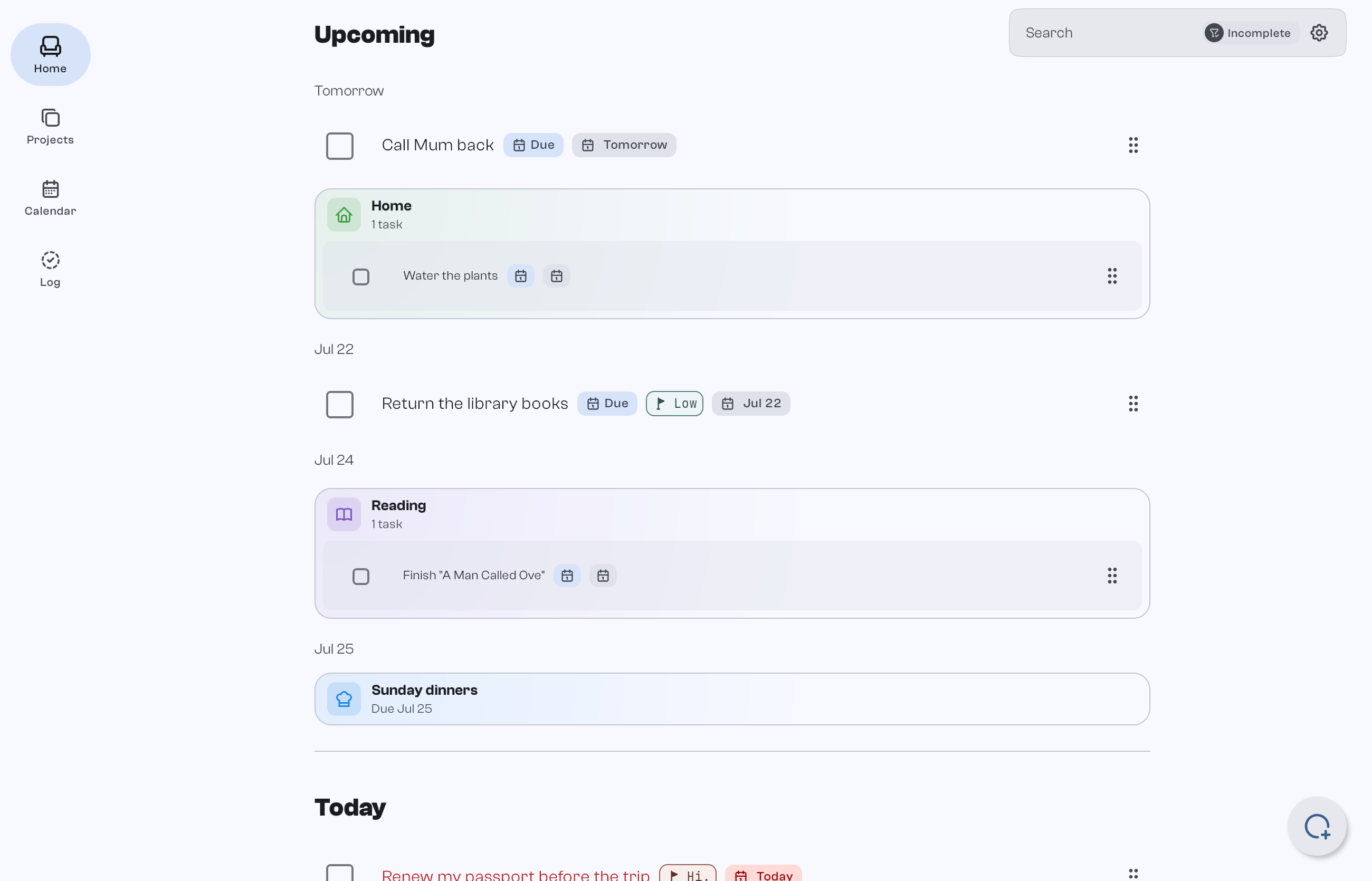 GoodTodo on desktop: Upcoming and Today lists beside a sidebar with Home, Projects, Calendar and Log