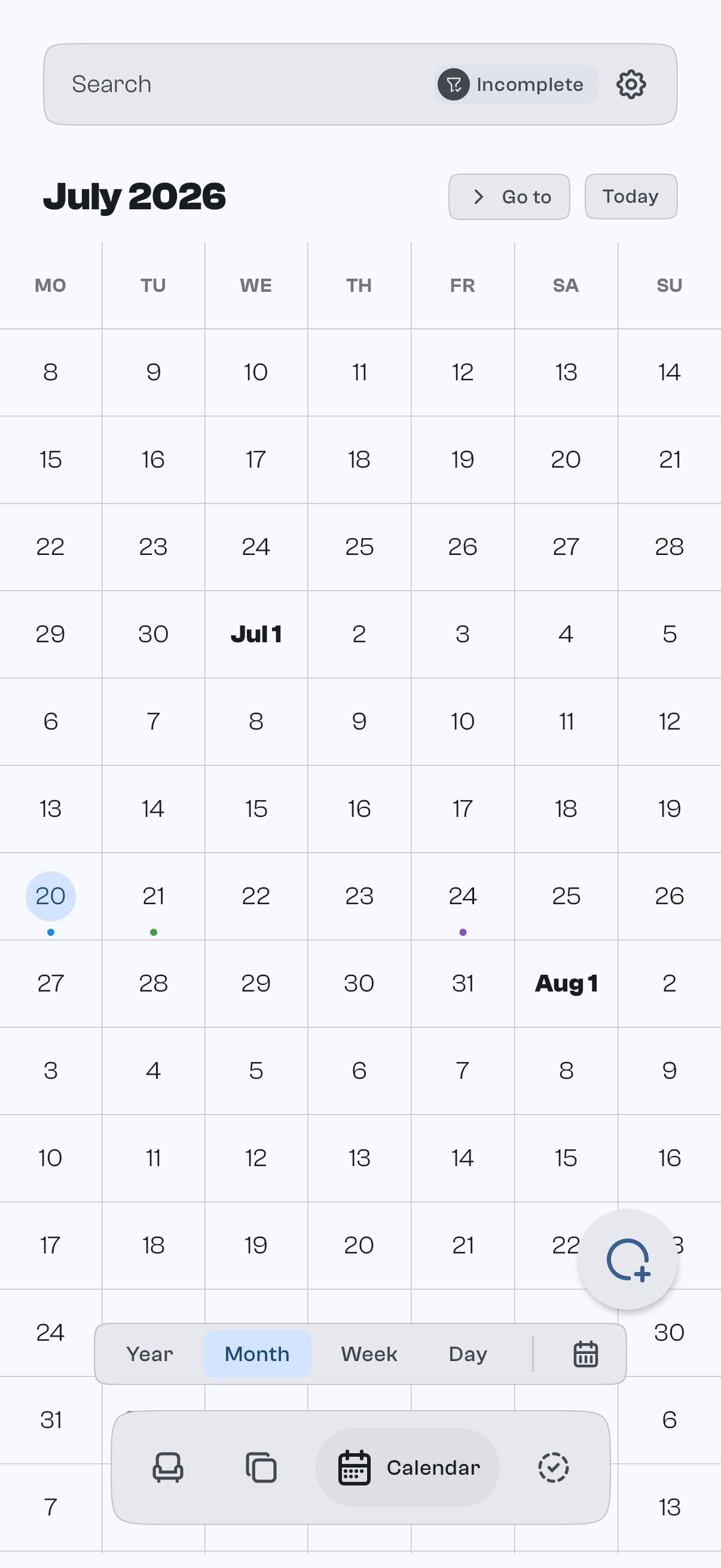 GoodTodo on a phone: month calendar view of scheduled tasks