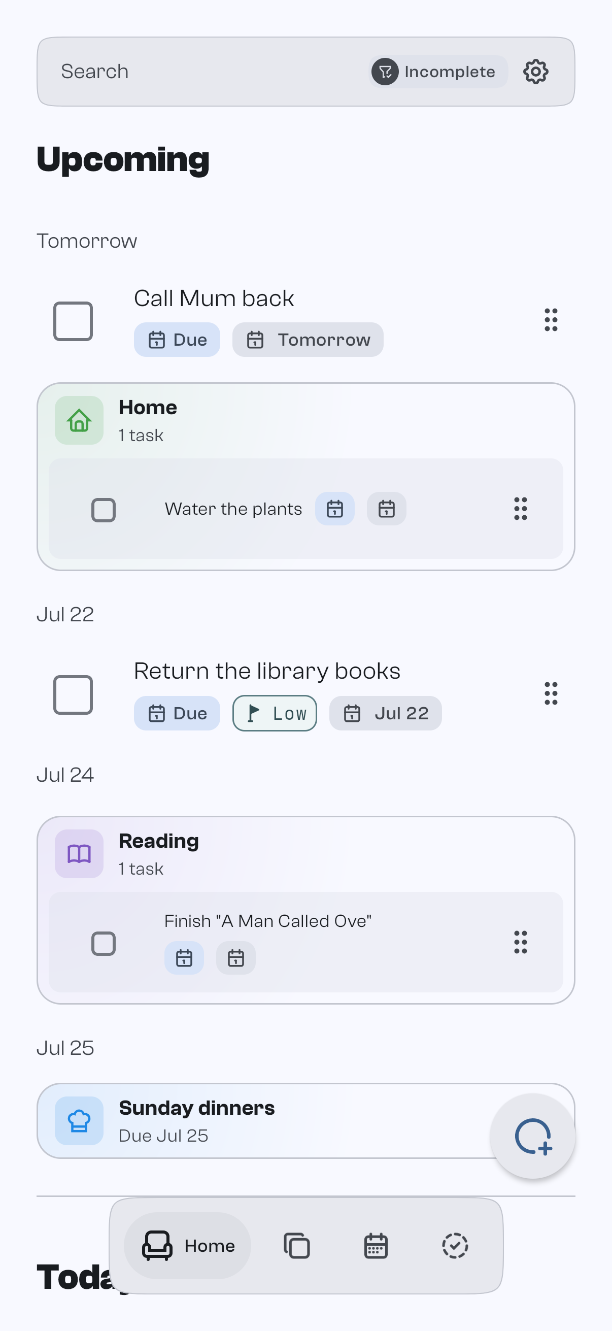 GoodTodo on a phone: Upcoming and Today lists with tasks grouped by date