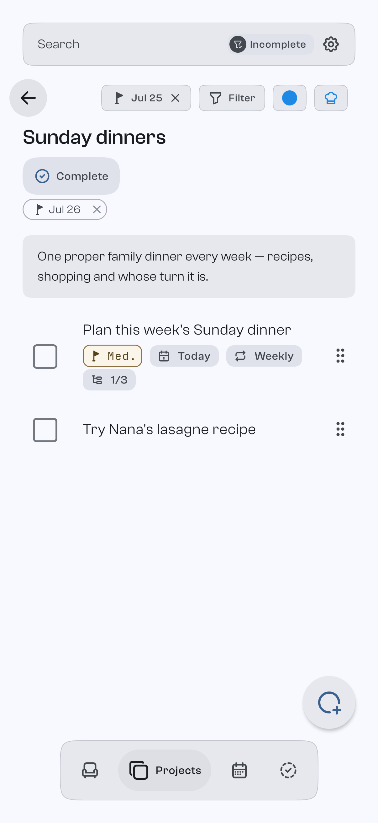 GoodTodo on a phone: tasks inside the Work list with priority and due-date chips