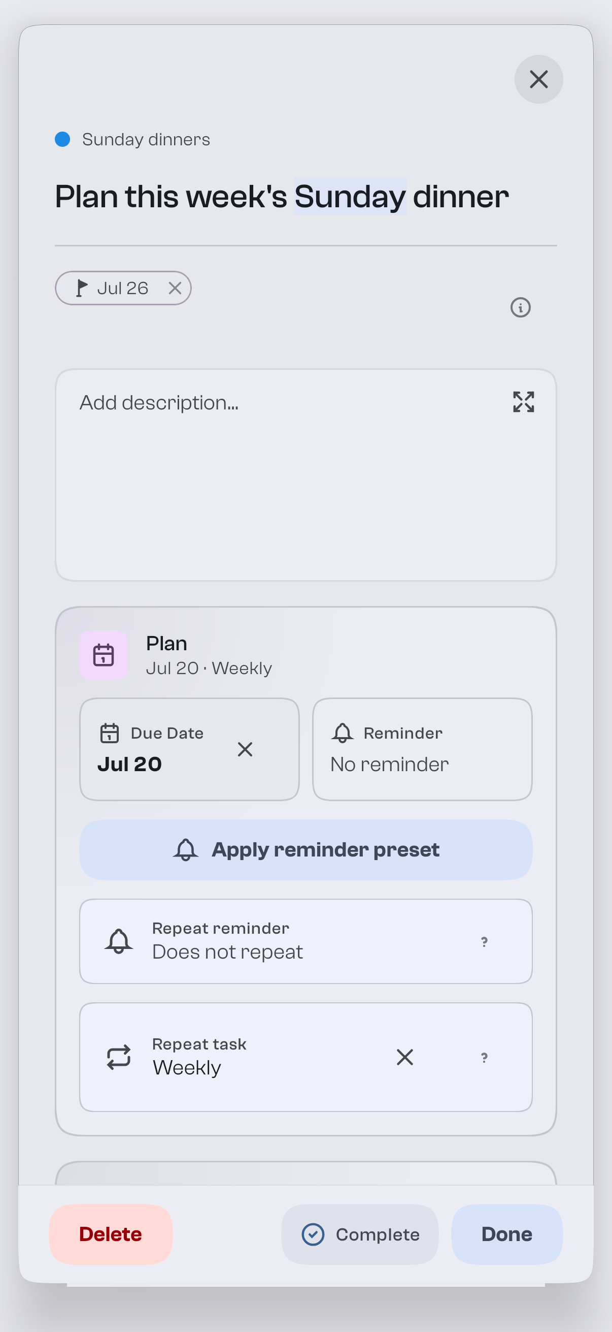 GoodTodo on a phone: task editor with due date, reminder and weekly repeat options